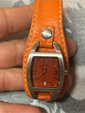 Fossil Women's Orange Dial and Orange Leather Cuff Watch